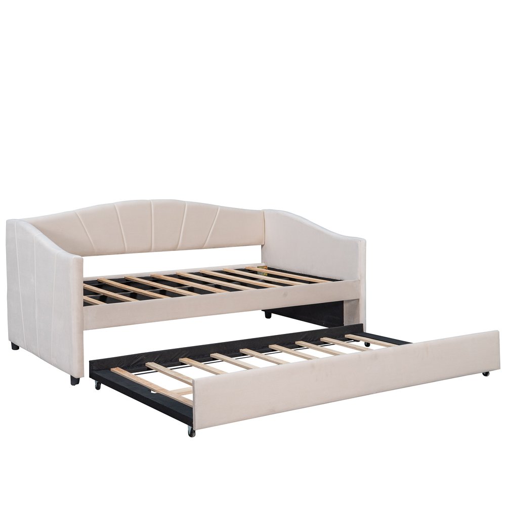 Beige Upholstered Twin Bed Frame With Trundle