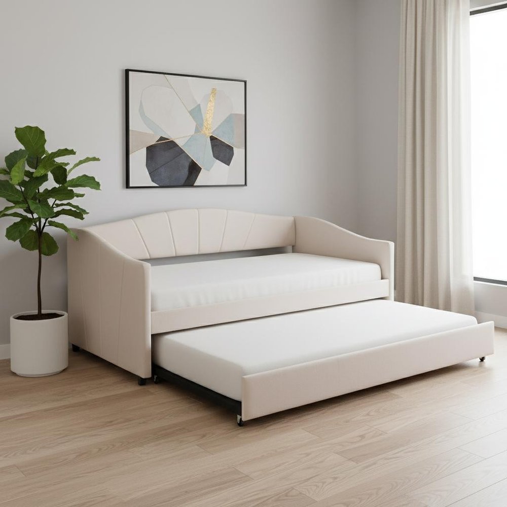 Beige Upholstered Twin Bed Frame With Trundle
