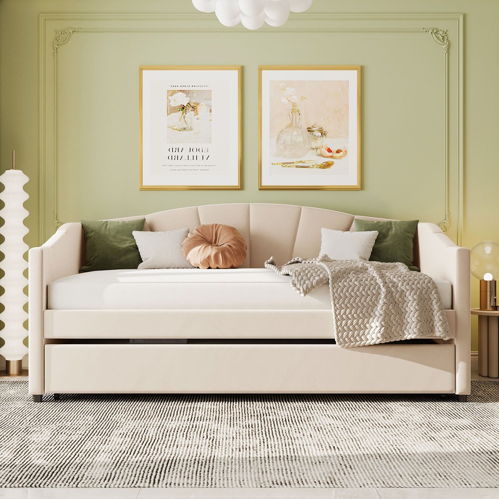 Beige Upholstered Twin Bed Frame With Trundle