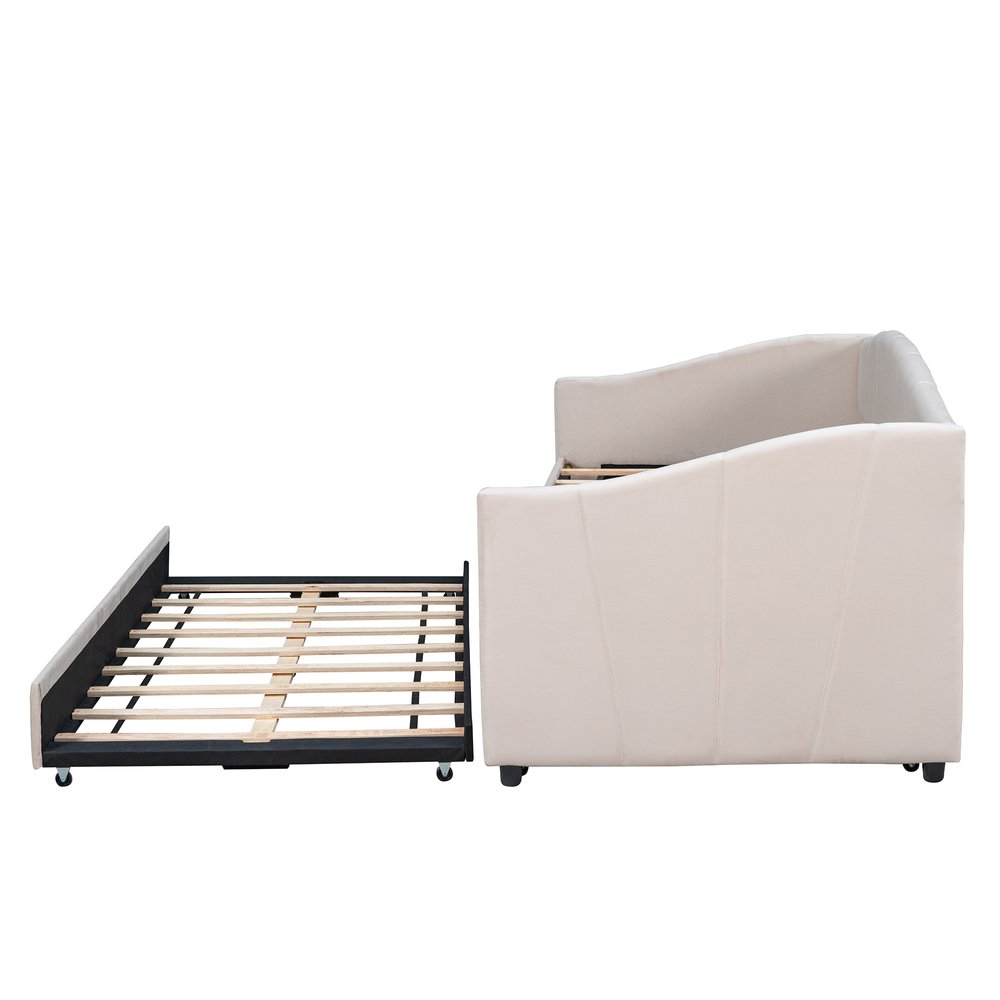 Beige Upholstered Twin Bed Frame With Trundle