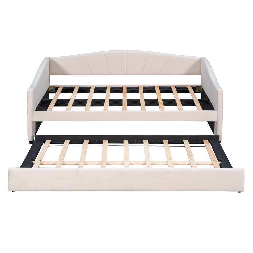Beige Upholstered Twin Bed Frame With Trundle