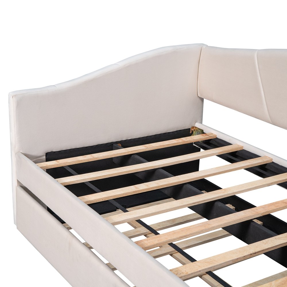 Beige Upholstered Twin Bed Frame With Trundle