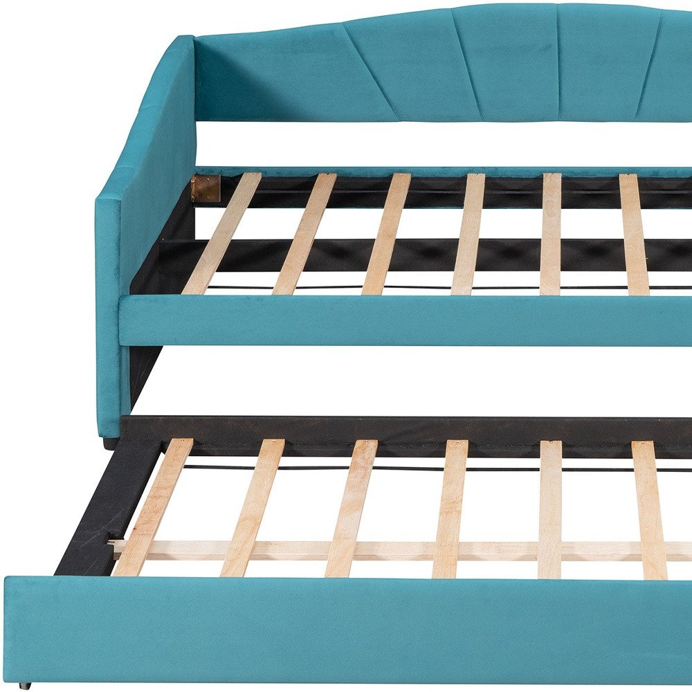Blue Upholstered Twin Bed Frame With Trundle