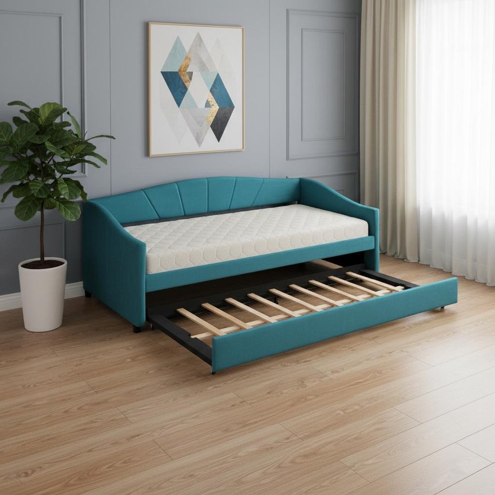 Blue Upholstered Twin Bed Frame With Trundle