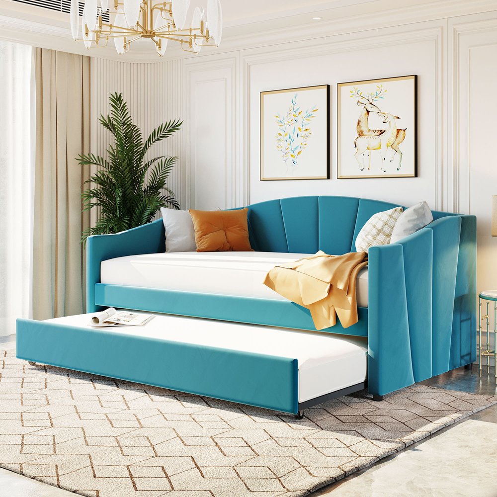 Blue Upholstered Twin Bed Frame With Trundle