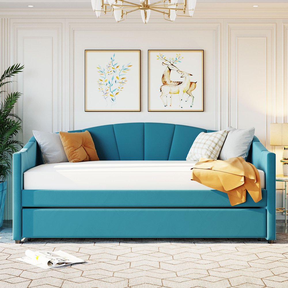 Blue Upholstered Twin Bed Frame With Trundle