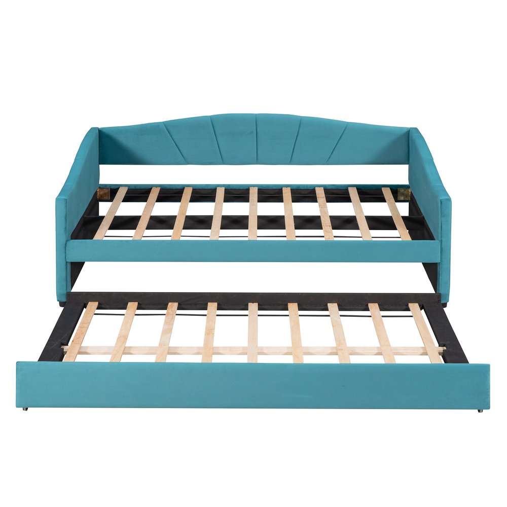 Blue Upholstered Twin Bed Frame With Trundle