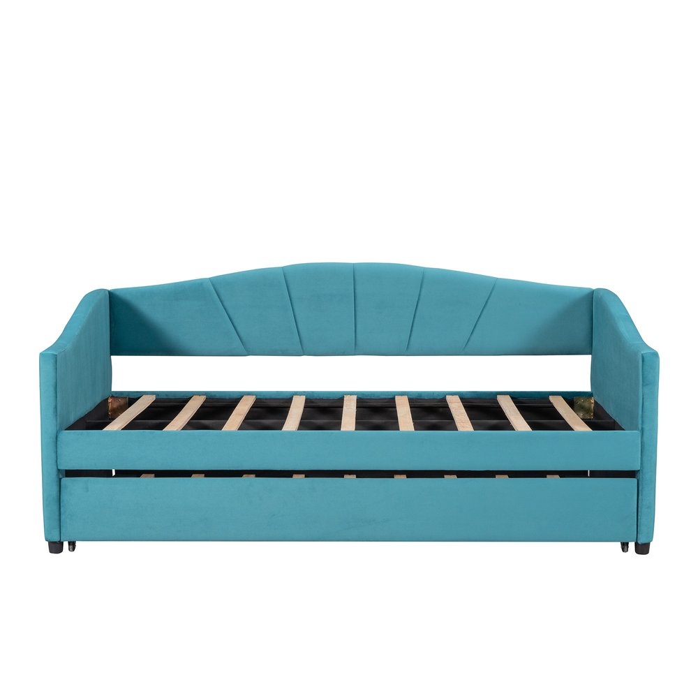 Blue Upholstered Twin Bed Frame With Trundle