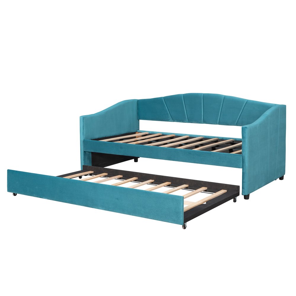 Blue Upholstered Twin Bed Frame With Trundle