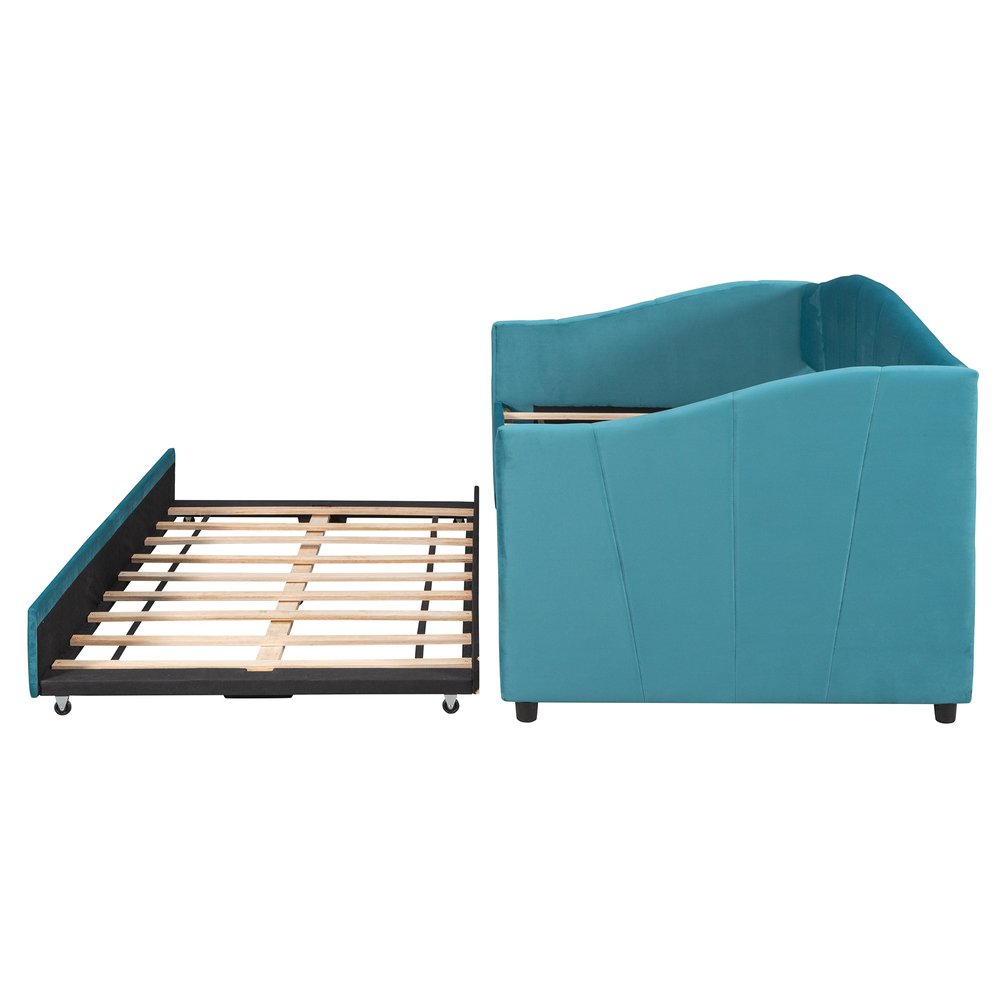 Blue Upholstered Twin Bed Frame With Trundle
