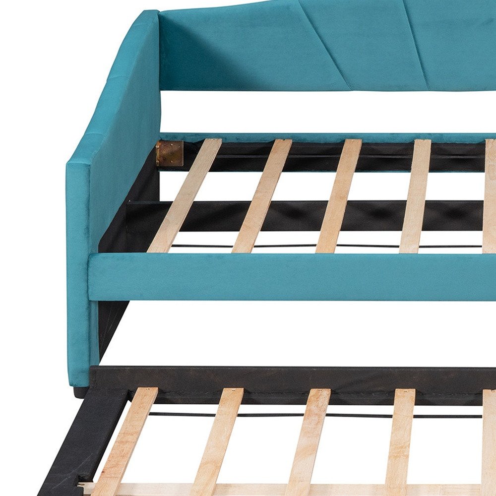 Blue Upholstered Twin Bed Frame With Trundle