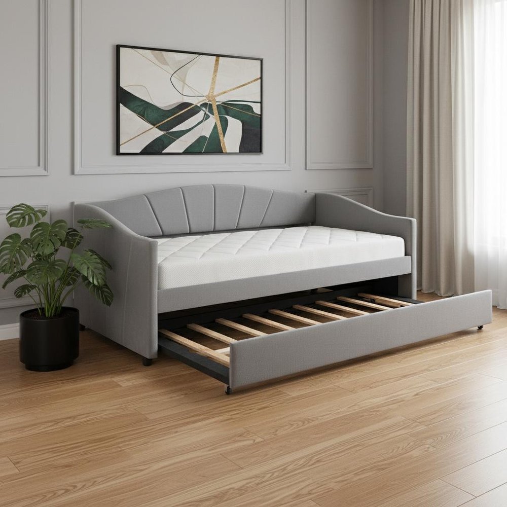 Gray Upholstered Twin Bed Frame With Trundle