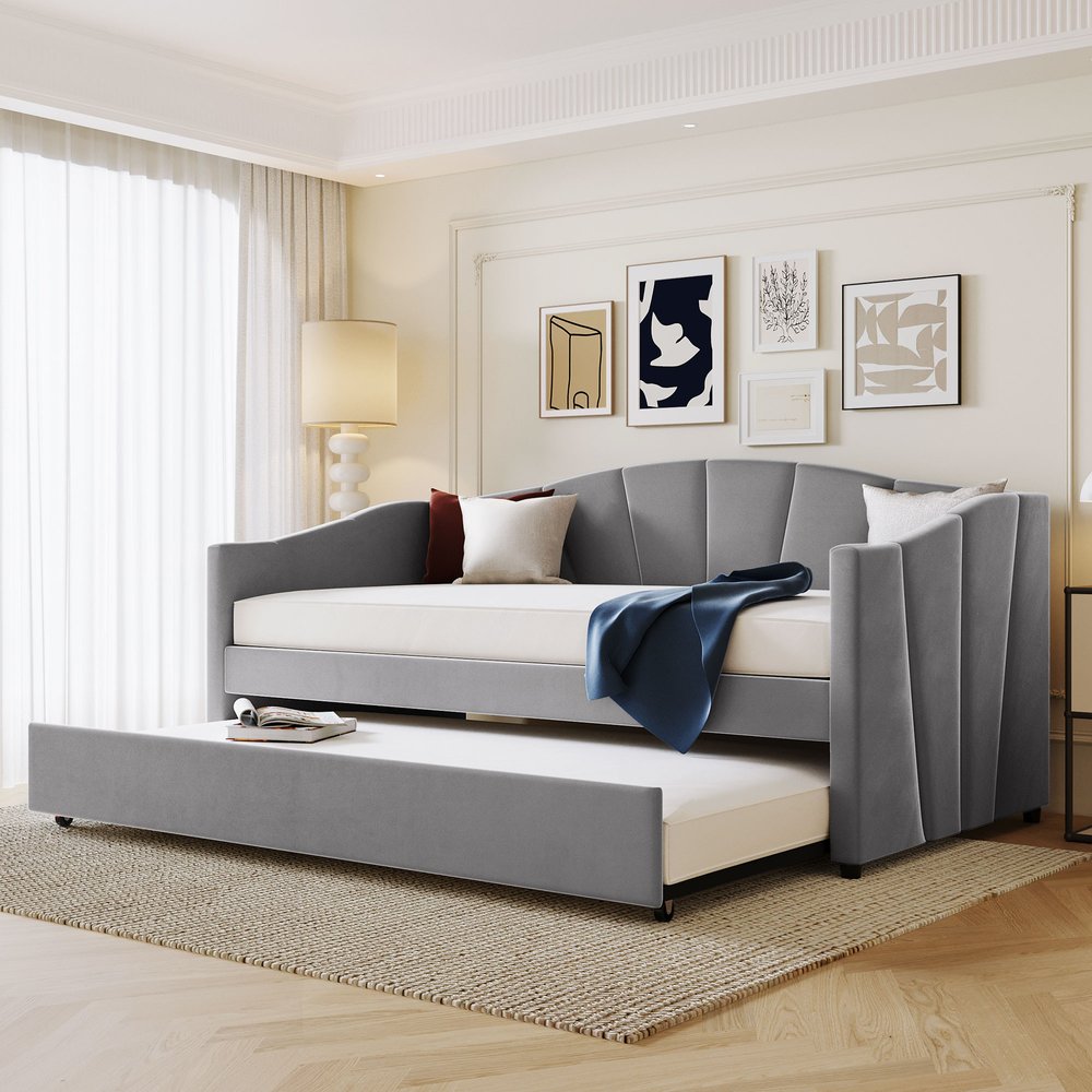 Gray Upholstered Twin Bed Frame With Trundle
