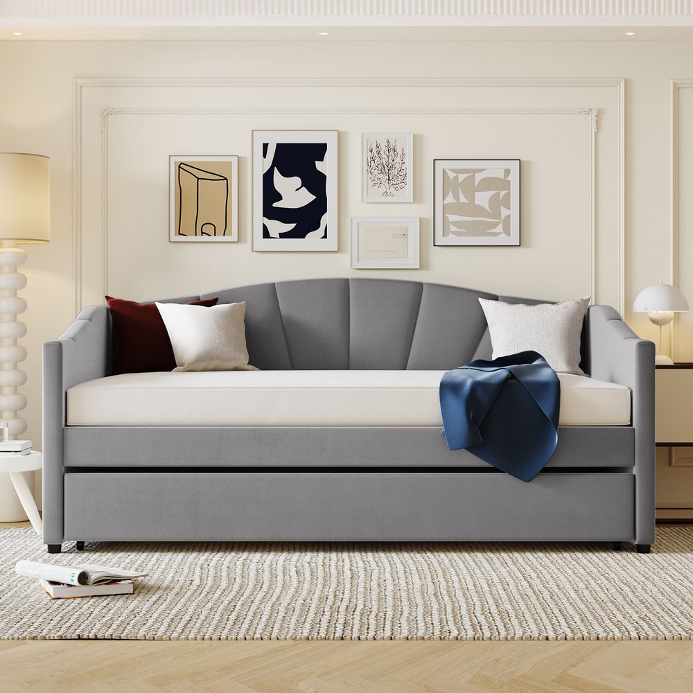 Gray Upholstered Twin Bed Frame With Trundle