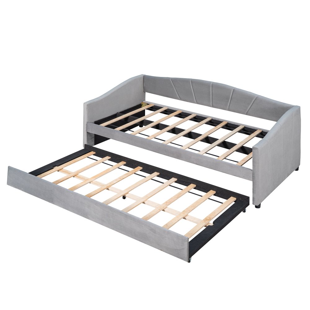 Gray Upholstered Twin Bed Frame With Trundle