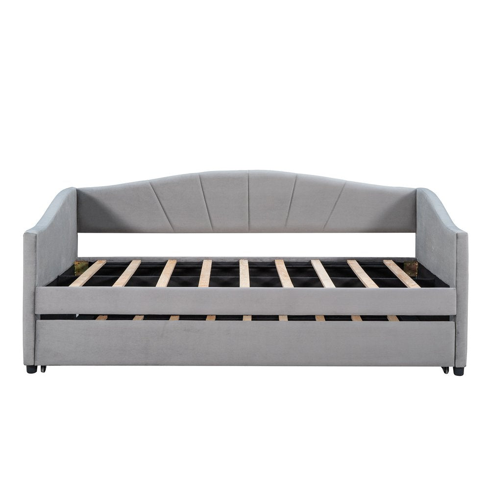 Gray Upholstered Twin Bed Frame With Trundle