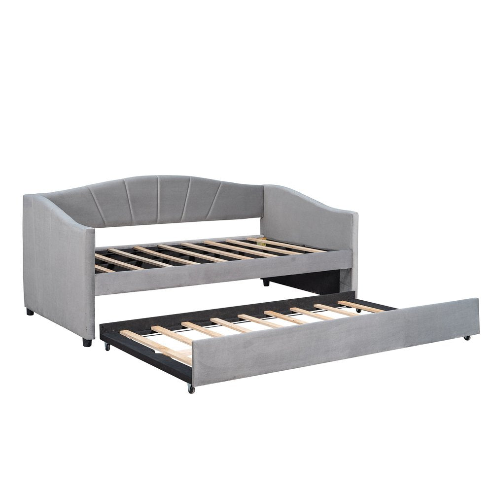 Gray Upholstered Twin Bed Frame With Trundle