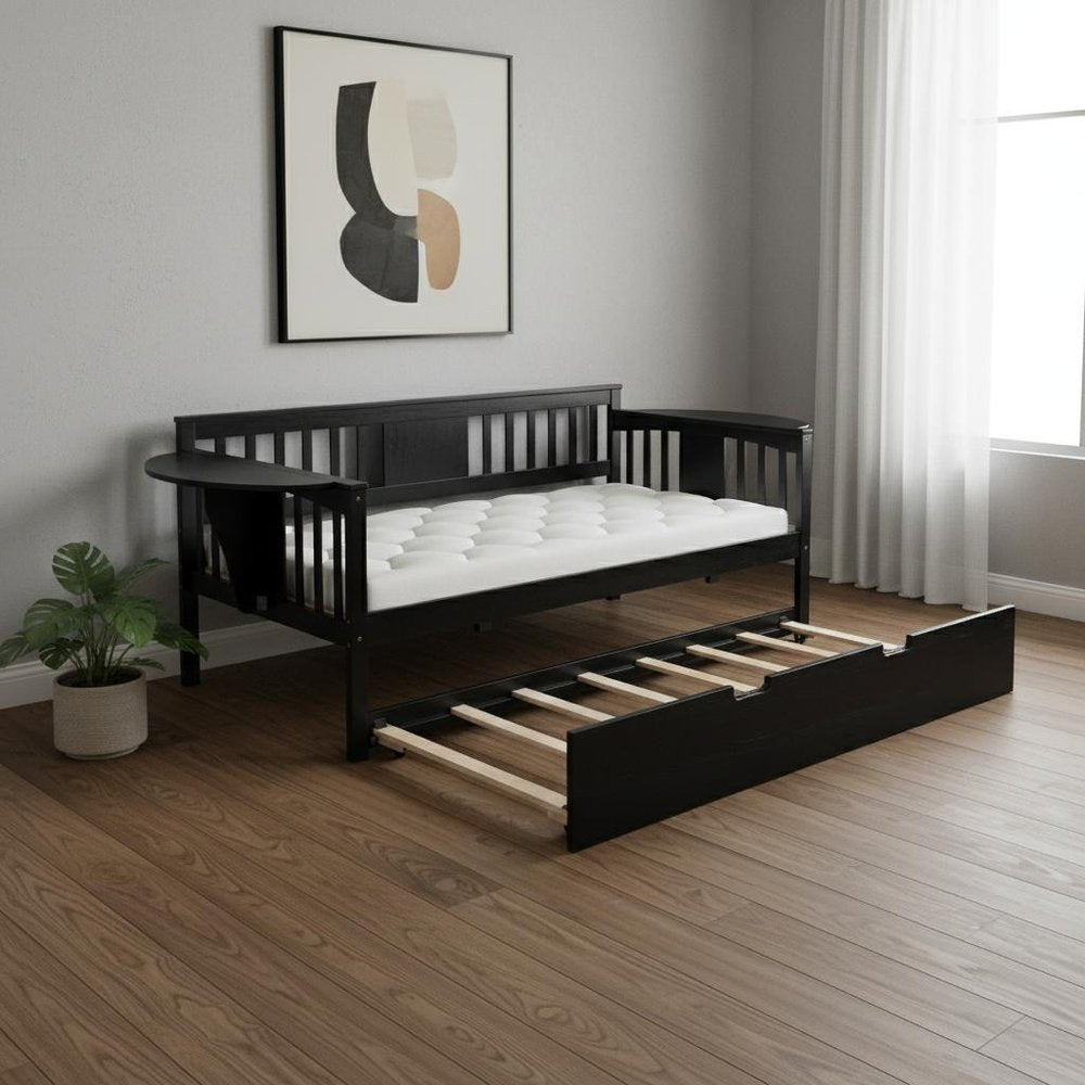 Espresso Wood Twin Bed Frame With Trundle