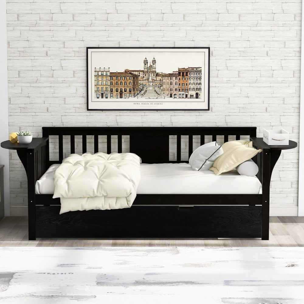 Espresso Wood Twin Bed Frame With Trundle