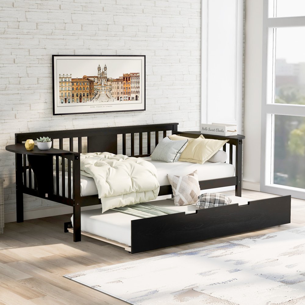Espresso Wood Twin Bed Frame With Trundle