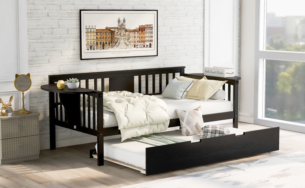 Espresso Wood Twin Bed Frame With Trundle
