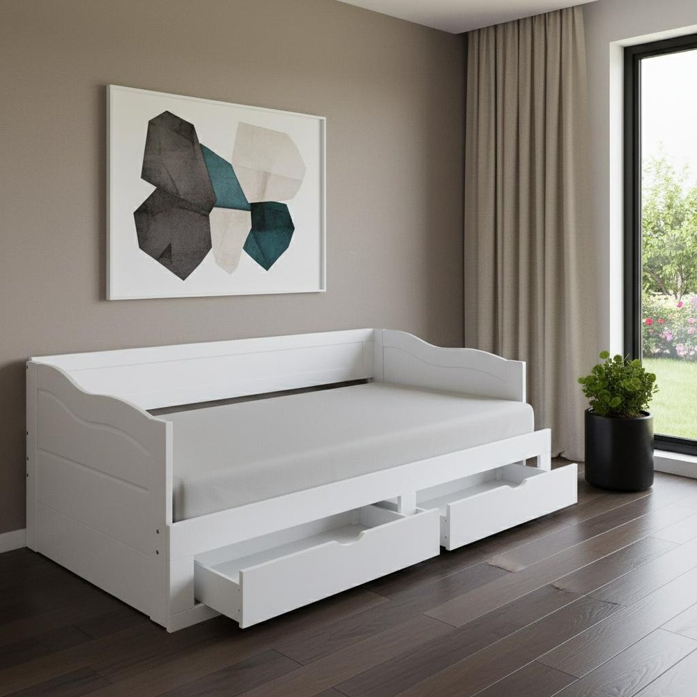 White Wood Twin Bed Frame With Drawers