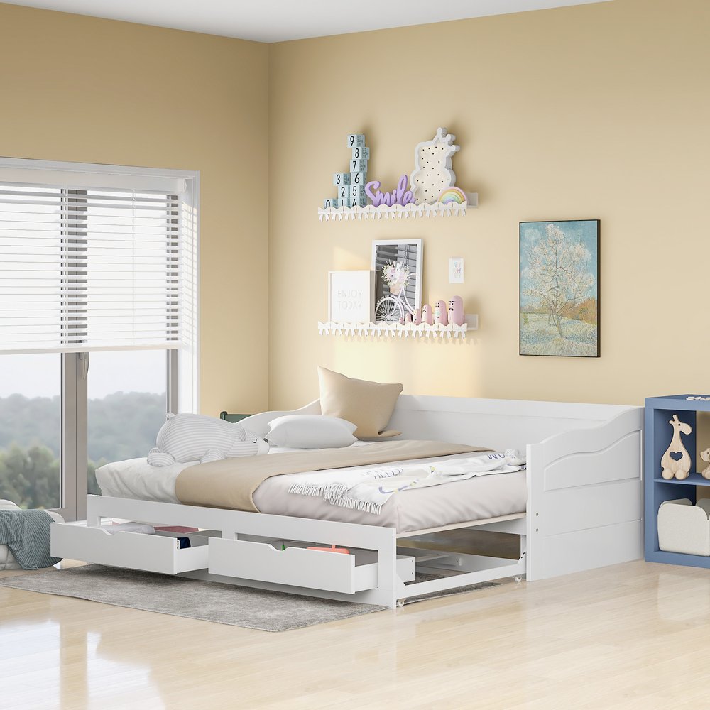 White Wood Twin Bed Frame With Drawers