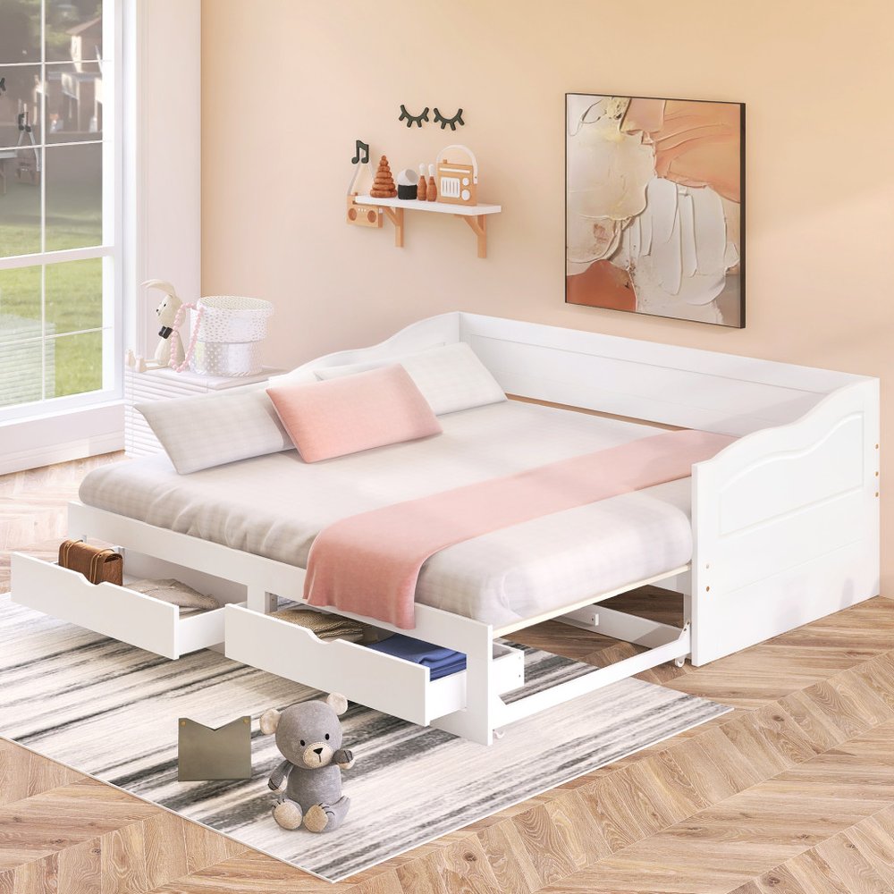 White Wood Twin Bed Frame With Drawers