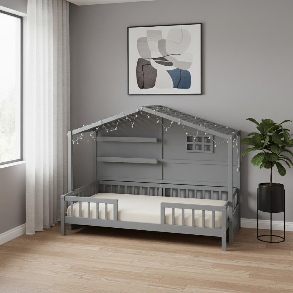 Gray Wood Twin Canopy Bed Frame