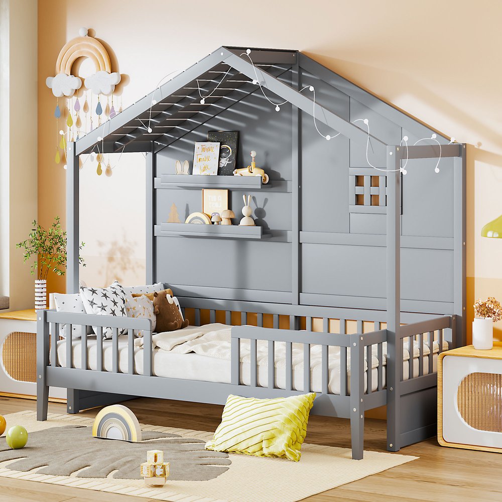Gray Wood Twin Canopy Bed Frame