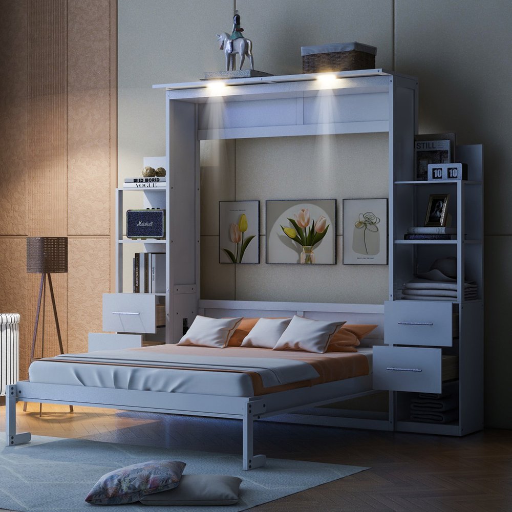 White Wood Queen Murphy Bed