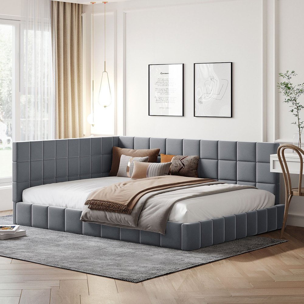 Gray Upholstered Full Bed Frame
