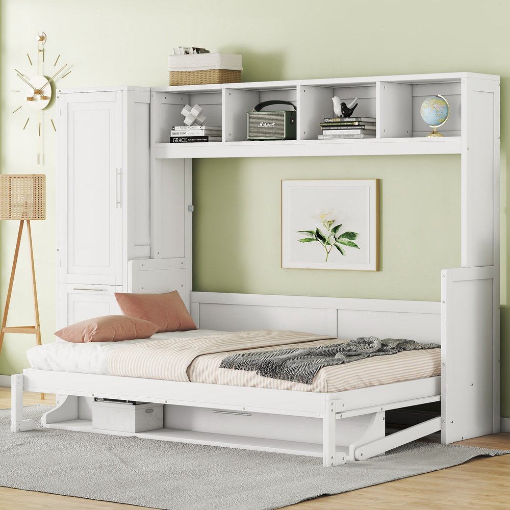 White Wood Full Murphy Bed