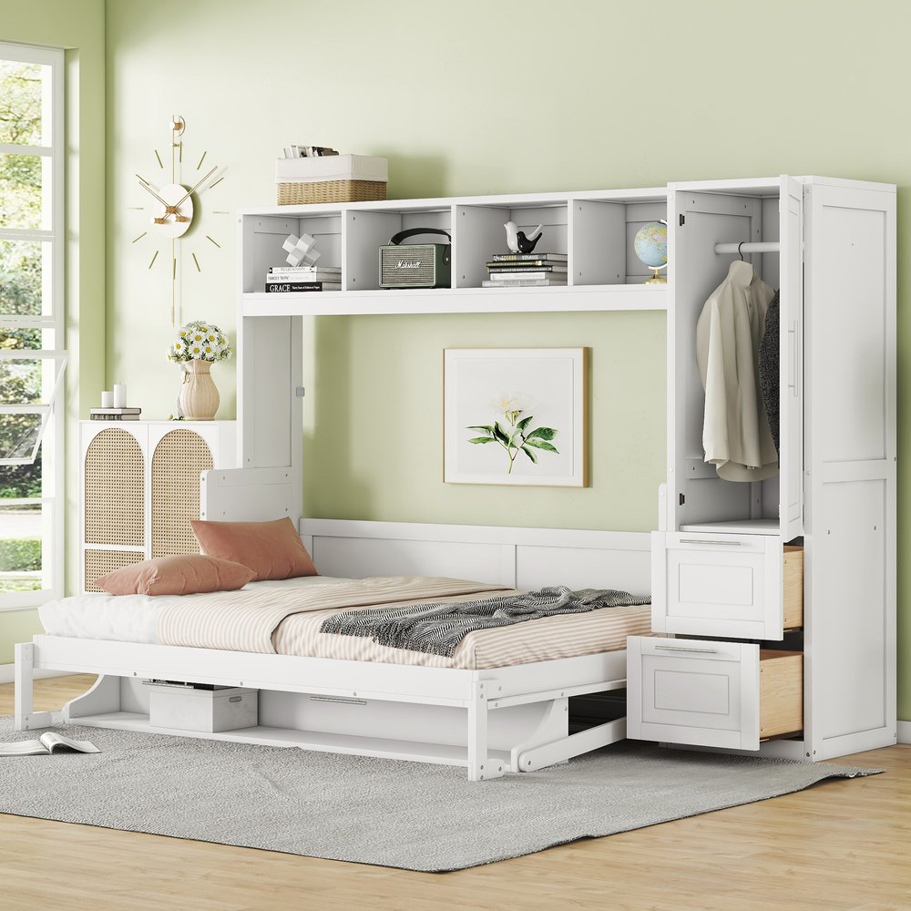 White Wood Full Murphy Bed