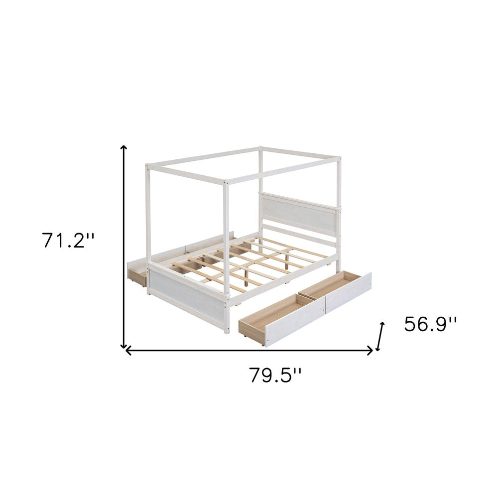 White Wood Full Canopy Bed With Drawers