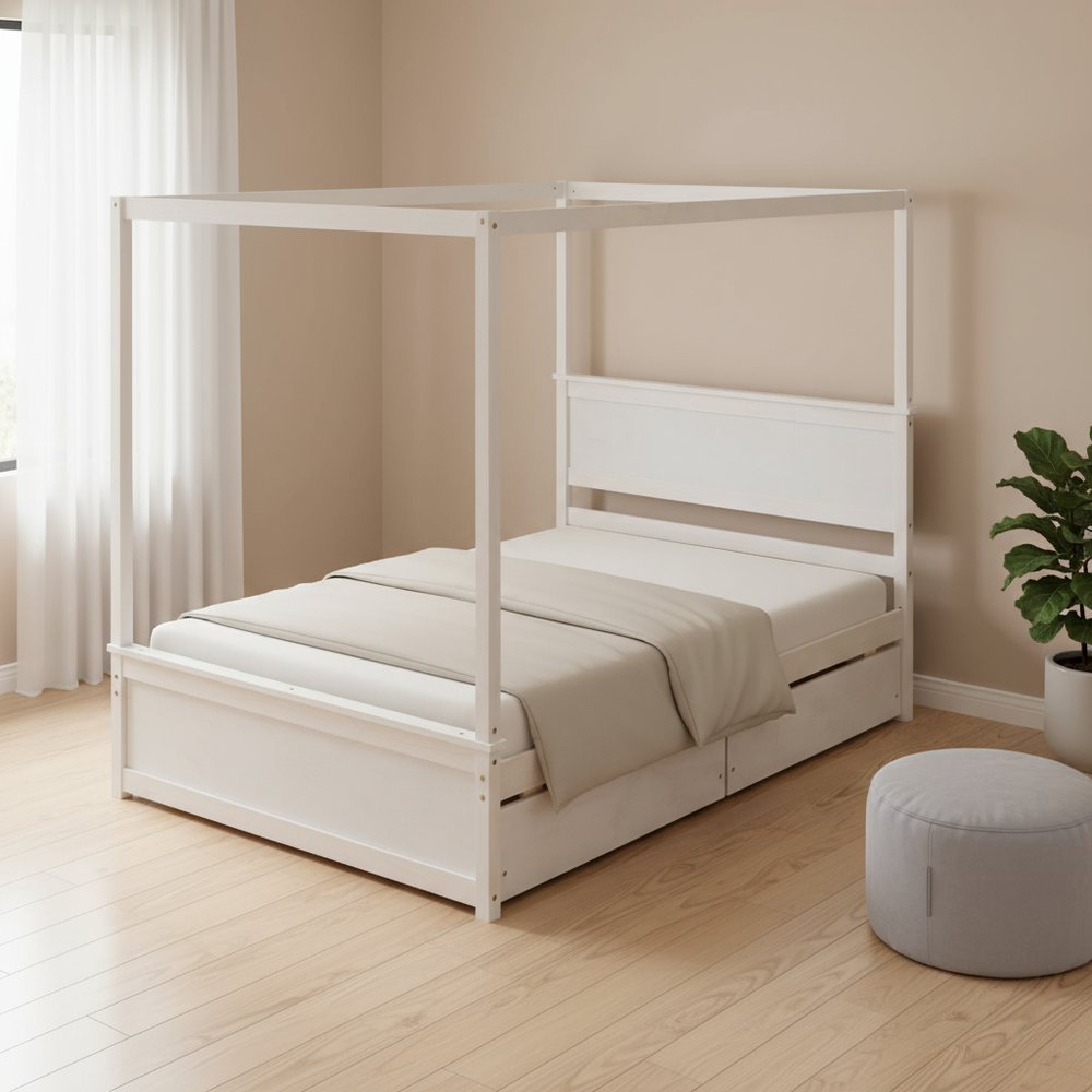 White Wood Full Canopy Bed With Drawers