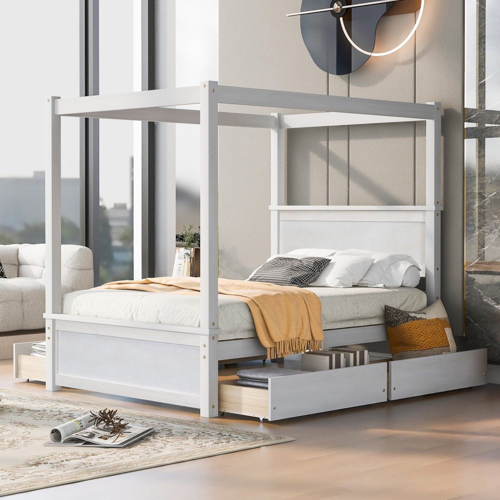 White Wood Full Canopy Bed With Drawers