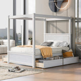 White Wood Full Canopy Bed With Drawers