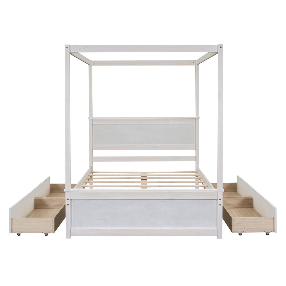 White Wood Full Canopy Bed With Drawers