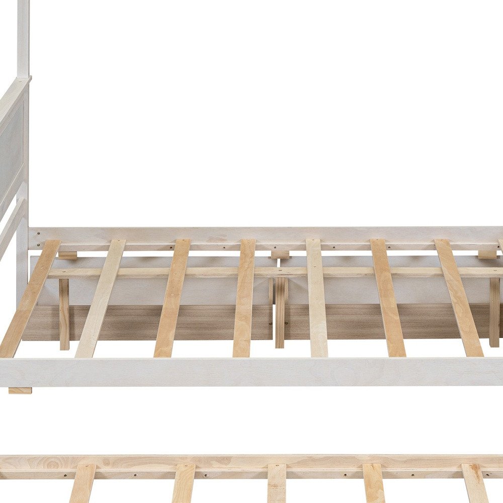 White Wood Full Canopy Bed With Trundle And Drawers