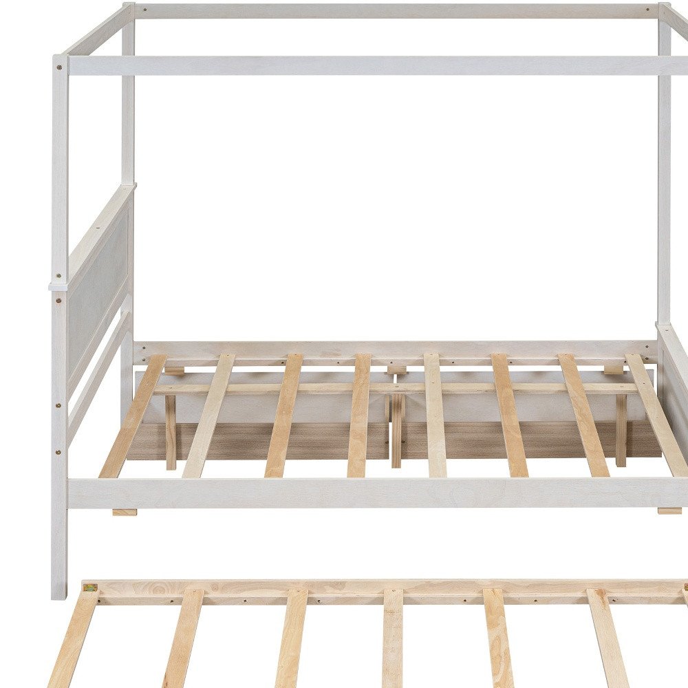 White Wood Full Canopy Bed With Trundle And Drawers