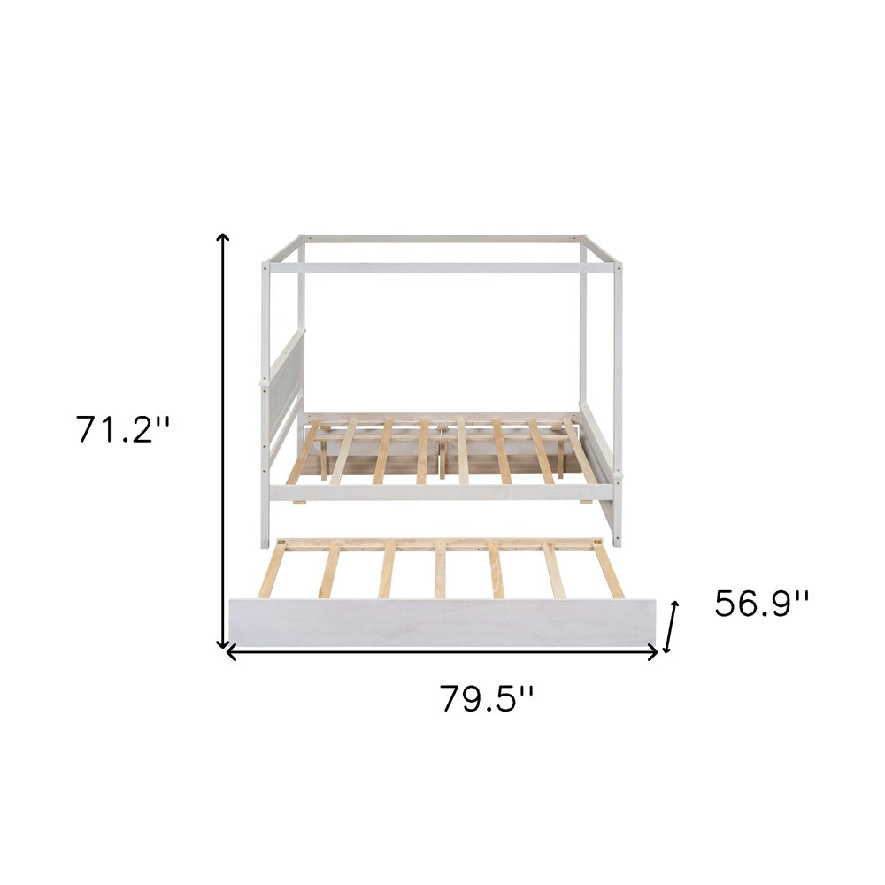 White Wood Full Canopy Bed With Trundle And Drawers