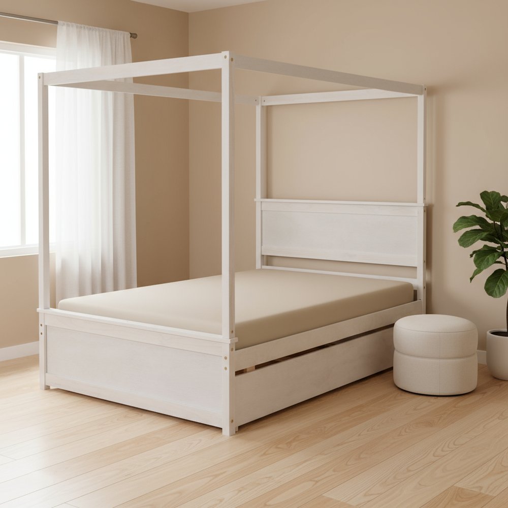 White Wood Full Canopy Bed With Trundle And Drawers