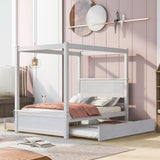 White Wood Full Canopy Bed With Trundle And Drawers