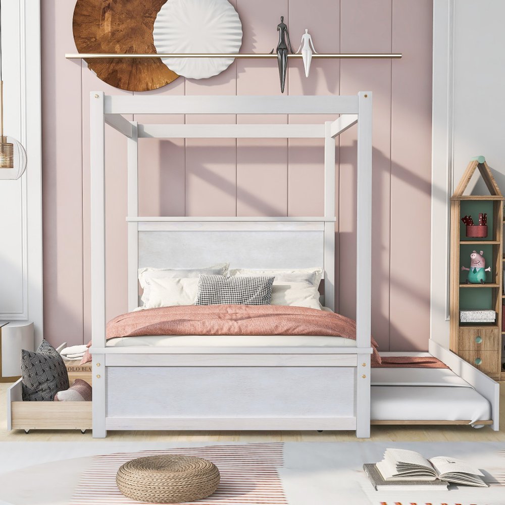 White Wood Full Canopy Bed With Trundle And Drawers