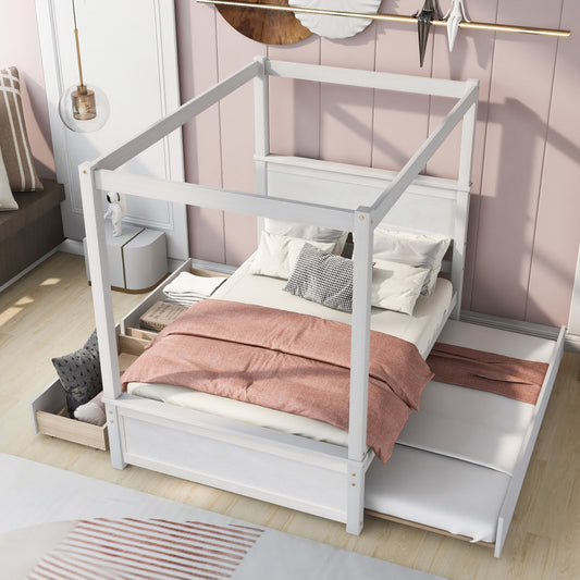White Wood Full Canopy Bed With Trundle And Drawers