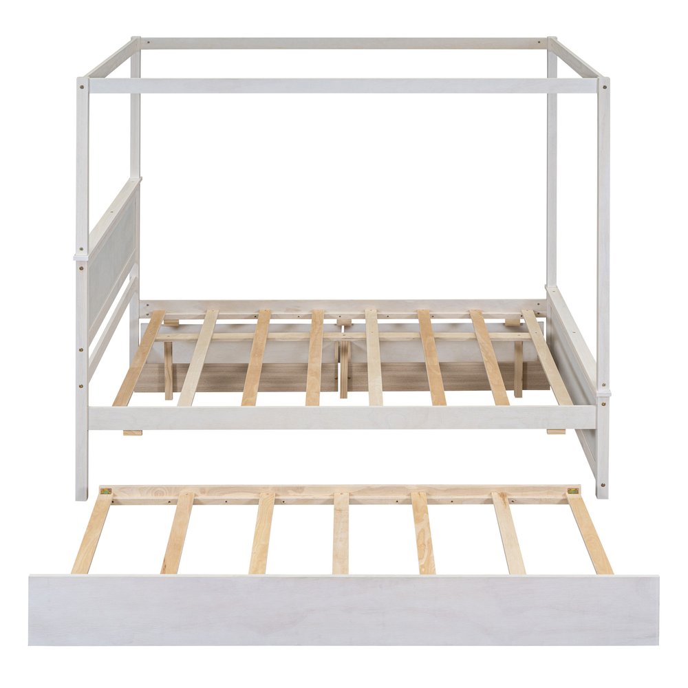 White Wood Full Canopy Bed With Trundle And Drawers