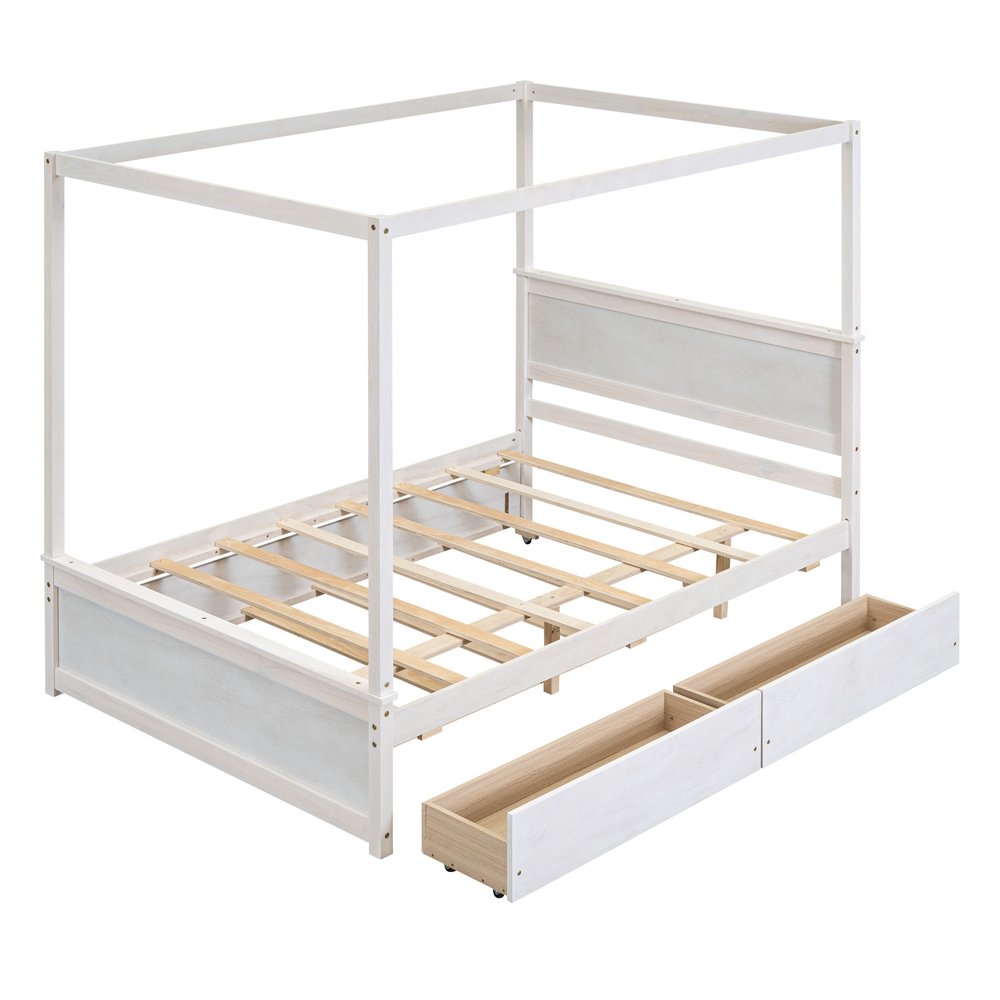 White Wood Full Canopy Bed With Trundle And Drawers