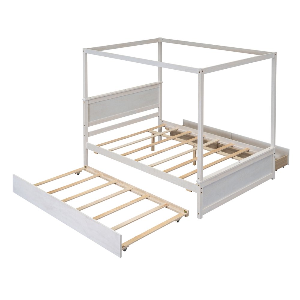 White Wood Full Canopy Bed With Trundle And Drawers