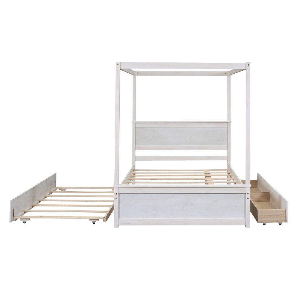 White Wood Full Canopy Bed With Trundle And Drawers